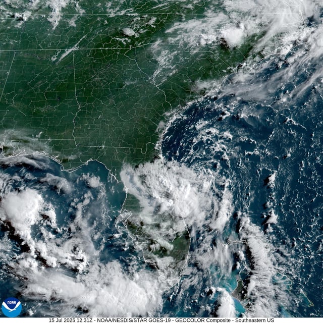Invest 93L, seen in this weather satellite photo as a cluster of clouds off Florida’s Atlantic coast Tuesday morning, has produced downpours across the Sunshine State. The tropical disturbance is expected to push across the peninsula and emerge over the northeastern Gulf of Mexico by Wednesday morning.