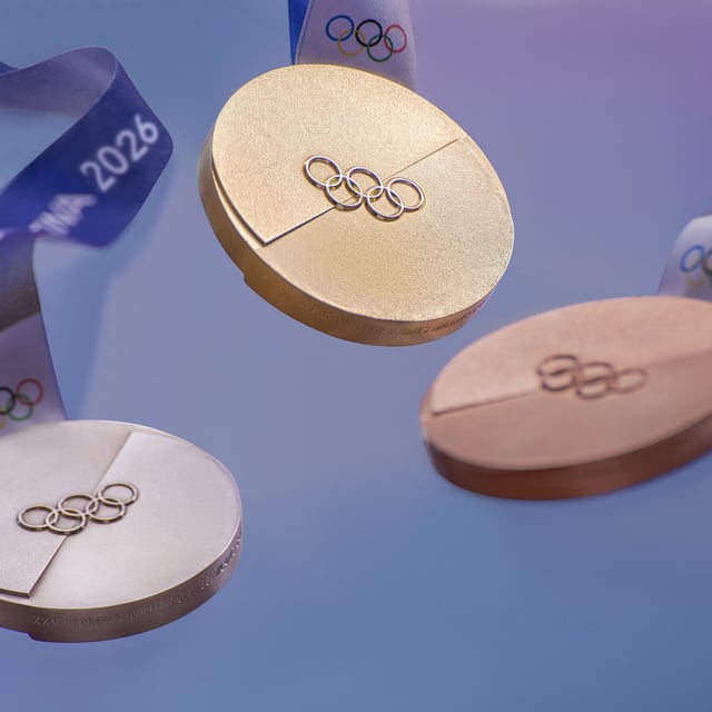 Medals for Winter Olympics 2026: gold, silver and bronze, with blue ribbon
