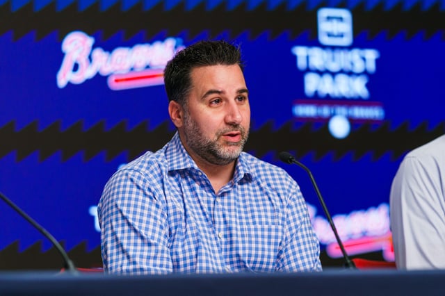 ATLANTA, GA - JULY 18: Atlanta Braves General Manager Alex Anthopoulos speaks to the media before the game against the Arizona Diamondbacks at Truist Park on July 18, 2023 in Atlanta, Georgia. (Photo by Matthew Grimes Jr./Atlanta Braves/Getty Images)