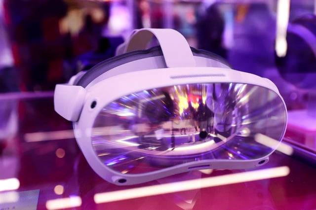 The PICO 4 Enterprise, the first VR headset with precise face, eye, and hand tracking from the Chinese internet technology company ByteDance, is being showcased in Qualcomm&#39;s pavilion at the Mobile World Congress in Barcelona, Spain, on April 2, 2024.