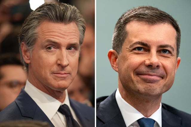 California Governor Gavin Newsom speaks to reporters in Atlanta, Georgia on June 27, 2024. Former Transportation Secretary Pete Buttigieg attends a House committee hearing on April 30, 2024 in Washington, D.C.