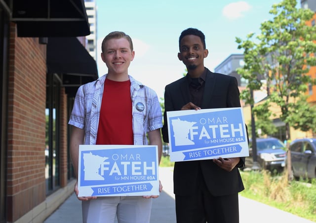 In this June 1, 2018, photo, University student Austin Berger, left, poses for a portrait with Omar Fateh, who is running for the Minnesota House of Representatives in Dinkytown, Minn. Berger and other student staffers created a unionization campaign based on Rep. Erin Murphy&#39;s campaign for governor.