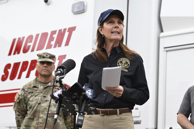 FILE - South Carolina Lt. Gov. Pamela Evette speaks to the media outside of the incident command post in Pickens County, S.C., March 29, 2025. (AP Photo/Matt Kelley, File)