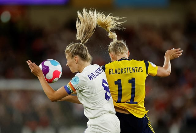 Soccer Football - Women's Euro 2022 - Semi Final - England v Sweden - Bramall Lane, Sheffield, Britain - July 26, 2022  England's Leah Williamson in action with Sweden's Stina Blackstenius REUTERS/John Sibley/File Photo