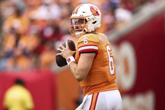 Baker Mayfield #6 of the Tampa Bay Buccaneers drops back to pass during an NFL football game against the Atlanta Falcons at Raymond James Stadium on October 27, 2024 in Tampa, Florida.
