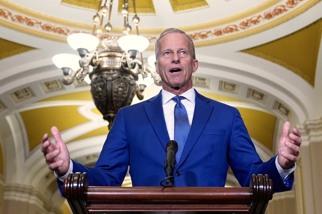 Sen. Majority Leader John Thune, R-S.D., talks after a policy luncheon on Wednesday, July 9, 2025, at the Capitol in Washington. (AP Photo/Mariam Zuhaib)