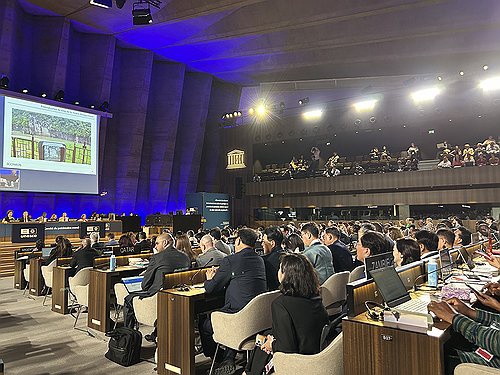Participants discuss the inscription of South Korea's "Petroglyphs along the Bangucheon Stream" on UNESCO's World Heritage list during the 47th session of the World Heritage Committee at UNESCO headquarters in Paris on July 12, 2025. (Yonhap)