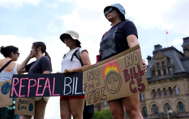 People rally against Bill C-5 on Parliament Hill in Ottawa, on Tuesday, June 17, 2025. 