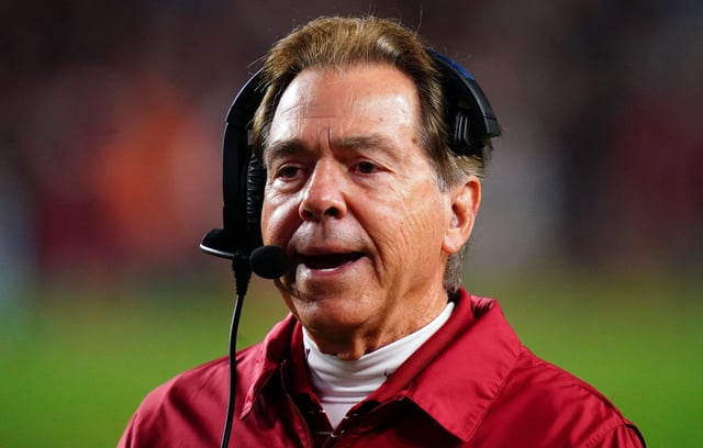 Nov 25, 2023; Auburn, Alabama, USA; Alabama Crimson Tide head coach Nick Saban shouts from the sidelines against the Auburn Tigers during the fourth quarter at Jordan-Hare Stadium. Mandatory Credit: John David Mercer-USA TODAY Sports/File Photo