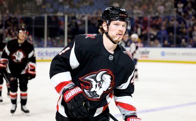 Feb 4, 2025; Buffalo, New York, USA;  Buffalo Sabres defenseman Bowen Byram (4) celebrates his goal during the first period against the Columbus Blue Jackets at KeyBank Center. Mandatory Credit: Timothy T. Ludwig-Imagn Images/File Photo