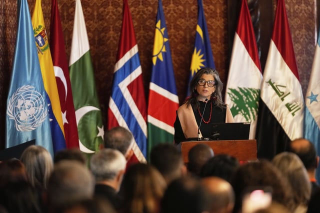 U.N. Special Rapporteur on the Occupied Palestinian Territories Francesca Albanese speaks during a two-day conference to address the Israel-Hamas war and Israel's military actions in Gaza, in Bogota, Colombia, Tuesday, July 15, 2025. (AP Photo/Fernando Vergara)