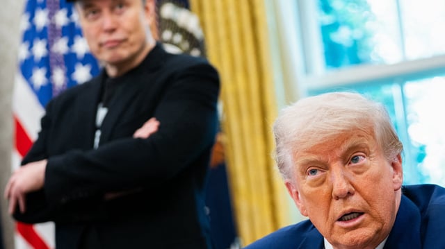 US President Donald Trump speaks during a news conference with Elon Musk.