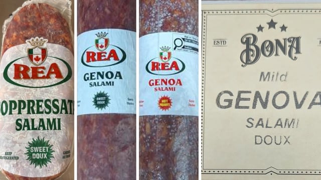 Labels from Rea brand Soppressata Salami Sweet, Rea brand Genoa Salami Sweet, Rea brand Genoa Salami Hot and Bona brand Mild Genova Salami are seen in this July 15 composite of handout images. 