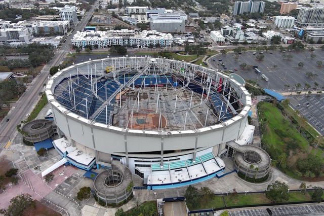 ST. PETERSBURG, FLORIDA - JANUARY 11: A general overall aerial view of Tropicana Field and stadium dome damage from Hurricane Milton on January 11, 2025 in St. Petersburg, Florida.