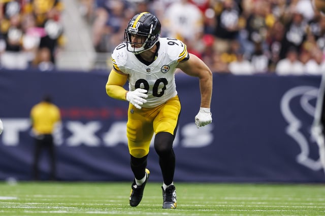 T.J. Watt #90 of the Pittsburgh Steelers runs around the edge during an NFL football game against the Houston Texans, Sunday at NRG Stadium on October 1, 2023 in Houston, Texas.