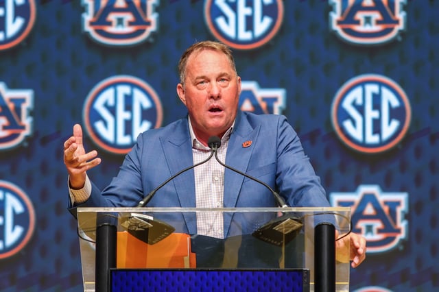 Jul 15, 2025; Atlanta, GA, USA; Auburn Tigers head coach Hugh Freeze talks to the media during SEC Media Days at Omni Atlanta Hotel. Mandatory Credit: Jordan Godfree-Imagn Images/File Photo