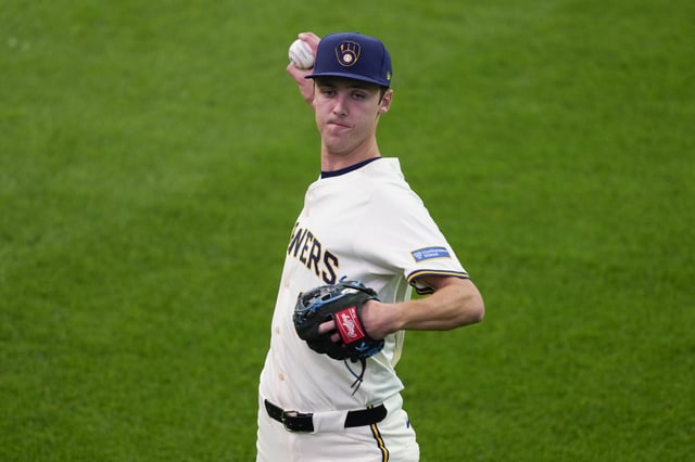 Jul 8, 2025; Milwaukee, Wisconsin, USA;  Milwaukee Brewers pitcher Jacob Misiorowski (32) during warmups prior to the game against the Los Angeles Dodgers at American Family Field. Mandatory Credit: Jeff Hanisch-Imagn Images/File Photo