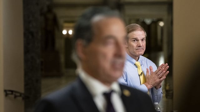 Reps. Jamie Raskin and Jim Jordan conduct TV interviews at the U.S. Capitol on July 2. Photo: Graeme Sloan/Bloomberg via Getty Images