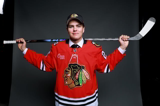 LOS ANGELES, CALIFORNIA – JUNE 27: Anton Frondell poses for a portrait after being drafted by the Chicago Blackhawks with the third overall pick during the first round of the 2025 Upper Deck NHL Draft at JW Marriott Los Angeles L.A. LIVE on June 27, 2025 in Los Angeles, California. (Photo by Matt Winkelmeyer/Getty Images)
