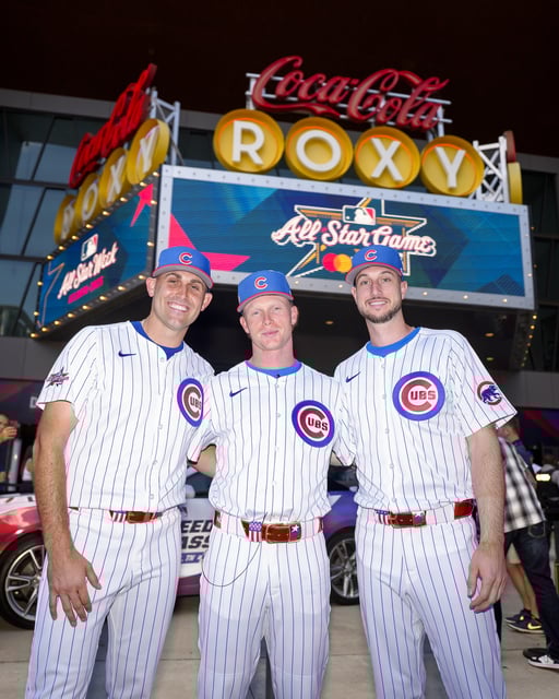 ATLANTA, GEORGIA – JULY 14: Matthew Boyd #16, Pete Crow-Armstrong #4, and Kyle Tucker #30 of the Chicago Cubs pose outside the Coke-Cola Roxy Theatre during MLB All-Star workout day at Truist Park on July 14, 2025 in Atlanta, Georgia. (Photo by Matt Dirksen/Chicago Cubs.Getty Images)