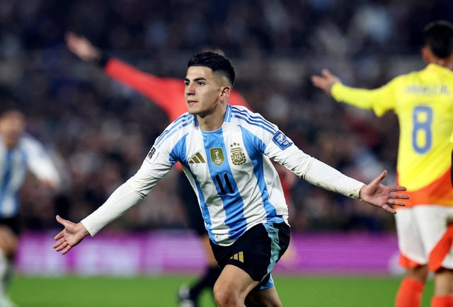 Soccer Football - World Cup - South American Qualifiers - Argentina v Colombia - Estadio Monumental, Buenos Aires, Argentina - June 10, 2025 Argentina's Thiago Almada celebrates scoring their first goal REUTERS/Agustin Marcarian/File photo