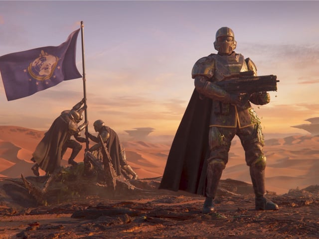 Helldivers 2 Fuel Silos - Soldiers stabbing a flag in a bug