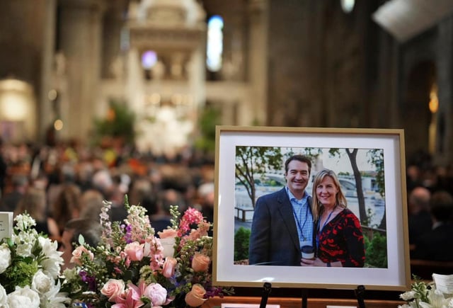 Pictures of Mark and Melissa Hortman are set up inside the sanctuary at the Basilica of St. Mary’s during funeral services for Mark and Melissa Hortman in Minneapolis, Minn., on Saturday, June 28, 2025. (Alex Kormann/Star Tribune via AP, Pool)
