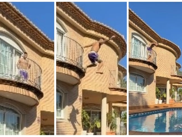L-Gante jugó a Charly García -pero desde menor altura- y se tiró a la pileta desde un balcón. Foto: captura video Instagram.