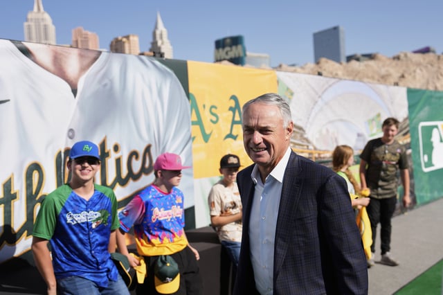 MLB Commissioner Rob Manfred arrives at a groundbreaking ceremony for the Athletics' baseball stadium Monday, June 23, 2025, in Las Vegas. (AP Photo/John Locher)