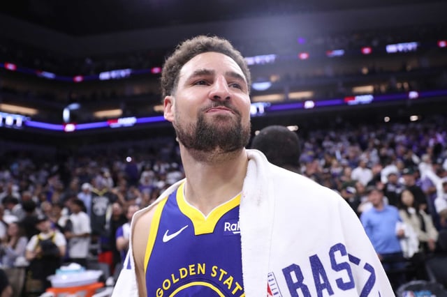 Klay Thompson pauses and looks around the arena after a game at Golden 1 Center in Sacramento on April 16, 2024. The former Golden State Warriors star has gone public with his relationship with Grammy-winning rapper Megan Thee Stallion, confirming weeks of online speculation spurred by a series of intimate photos posted on social media over the weekend.