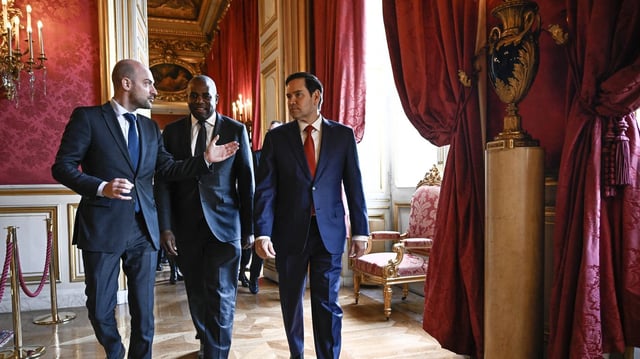 Secretary of State Marco Rubio (R) with his French and U.K. counterparts in Paris in April. Photo: Julien De Rosa/AFP via Getty