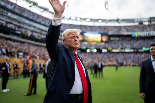 Donald Trump en la ceremonia de premiación de la final del Mundial de Clubes, luego de la final entre Chelsea y PSG, el 13 de julio de 2025, en el MetLife Stadium de East Rutherford, Nueva Jersey.