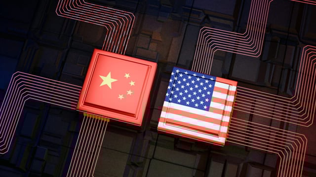 Digitally Generated Image , 3D rendered chips with chinese and USA flags on them