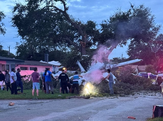 A 1976 Cessna T337G crashed in a Pembroke Pines neighborhood on Sunday, July 13, 2025. The plane was trying to land at North Perry Airport when it crashed about a mile short, the National Transportation Safety Board said. (Antoinette Proffitt/Courtesy)