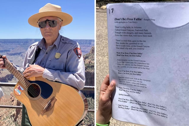 Ranger Doug (left) and the lyrics to his “Free Fallin’” parody called “(Don’t Be) Free Fallin.’”