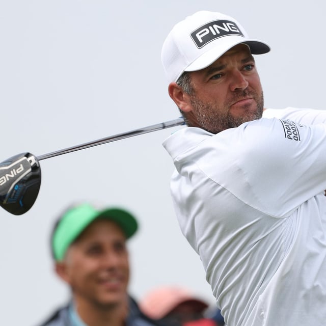 Corey Conners of Canada plays off the 14th tee during a practice round for the British Open golf championship at the Royal Portrush Golf Club, Northern Ireland, Tuesday, July 15, 2025. (AP Photo/Peter Morrison)