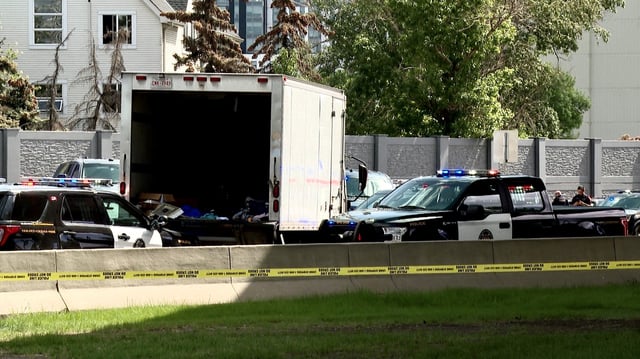 Scene where a cube van that was involved in the police pursuit and police shooting in Calgary, Alta. on May 29, 2023.