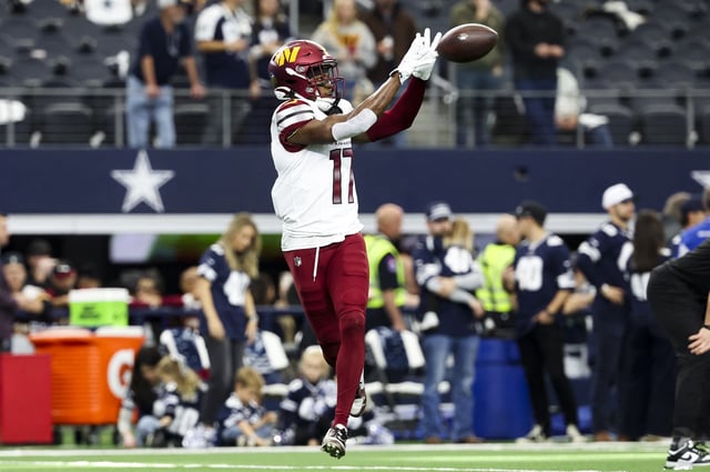 Jan 5, 2025; Arlington, Texas, USA;  Washington Commanders wide receiver Terry McLaurin (17) warms up before the game against the Dallas Cowboys at AT&T Stadium. Mandatory Credit: Kevin Jairaj-Imagn Images/File Photo