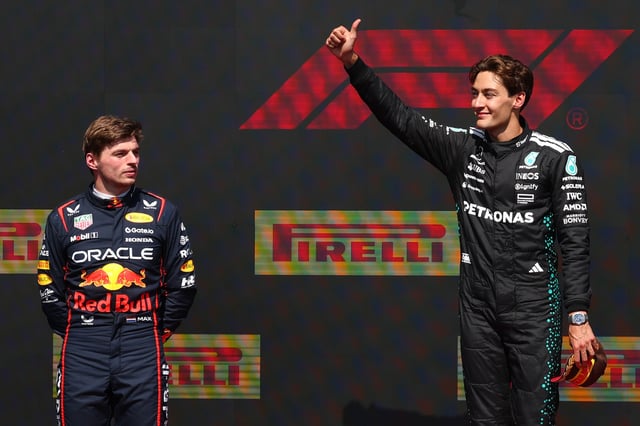 Race winner George Russell of Great Britain and Mercedes AMG Petronas F1 Team, Second placed Max Verstappen of the Netherlands and Oracle Red Bull Racing stand on the podium during the F1 Grand Prix of Canada at Circuit Gilles-Villeneuve on June 15, 2025 in Montreal, Quebec.
