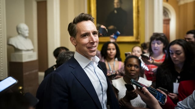 Sen. Josh Hawley speaks with reporters in the U.S. Capitol on June 28. Photo: Al Drago/Getty Images