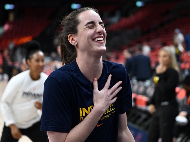 Caitlin Clark #22 of the Indiana Fever reacts during warmups before a game against the Connecticut Sun at the TD Garden on July 15, 2025 in Boston, Massachusetts.