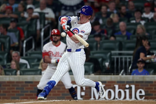Pete Crow-Armstrong #4 of the Chicago Cubs flies out during the fifth inning of the MLB All-Star Game at Truist Park on July 15, 2025 in Atlanta, Georgia. (Photo by Kevin C. Cox/Getty Images)