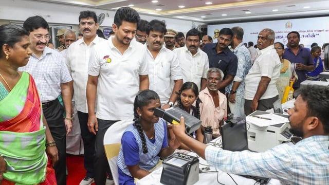 Deputy chief minister Udhayanidhi Stalin at an eye check-up camp organised after chief minister MK Stalin launched ‘Ungaludan Stalin’ to deliver govt services, in Chennai on Tuesday (PTI)