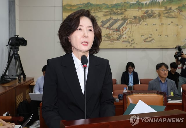 Lee Jin-sook, nominated by President Lee Jae Myung as education minister and deputy prime minister for social affairs, speaks during her confirmation hearing at the National Assembly in Seoul on July 16, 2025. (Yonhap)