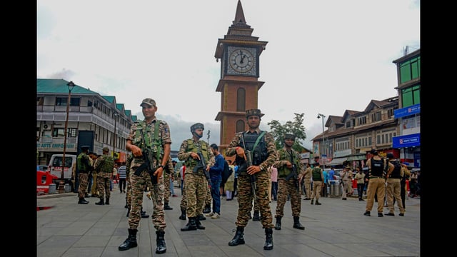 Security personnel keep vigil amid heightened security during the ongoing Amarnath Yatra, in Srinagar, on Tuesday. (PTI)