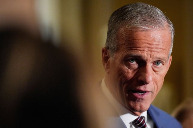 Senate Majority Leader John Thune talks to reporters after a policy luncheon meeting on Capitol Hill in Washington, DC, on Tuesday.