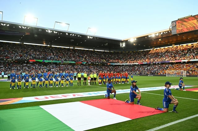Les joueuses de l'Italie avant leur match de poules de l'Euro-2025 contre l'Espagne le 11 juillet 2025 à Berne