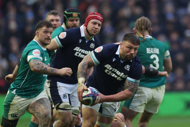 Rugby Union - Six Nations Championship - Scotland v Ireland - Murrayfield Stadium, Edinburgh, Scotland, Britain - February 9, 2025 Scotland's Rory Sutherland in action with Ireland's Andrew Porter REUTERS/Russell Cheyne