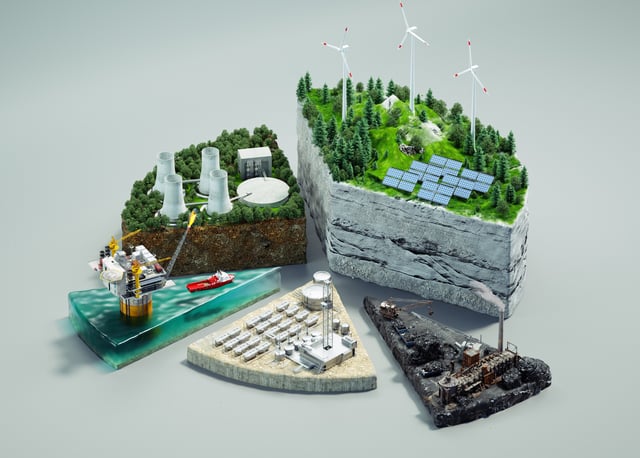 Digital generated image of multiple environment circular pie cross section with different types of energy supply standing on white background.  Sustainable energy concept.
