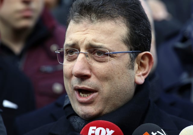 FILE - Mayor of Istanbul Ekrem Imamoglu speaks to the media at Kocatepe Mosque, in Ankara, Turkey, Sunday, Jan. 19, 2020. (AP Photo/Burhan Ozbilici, File)